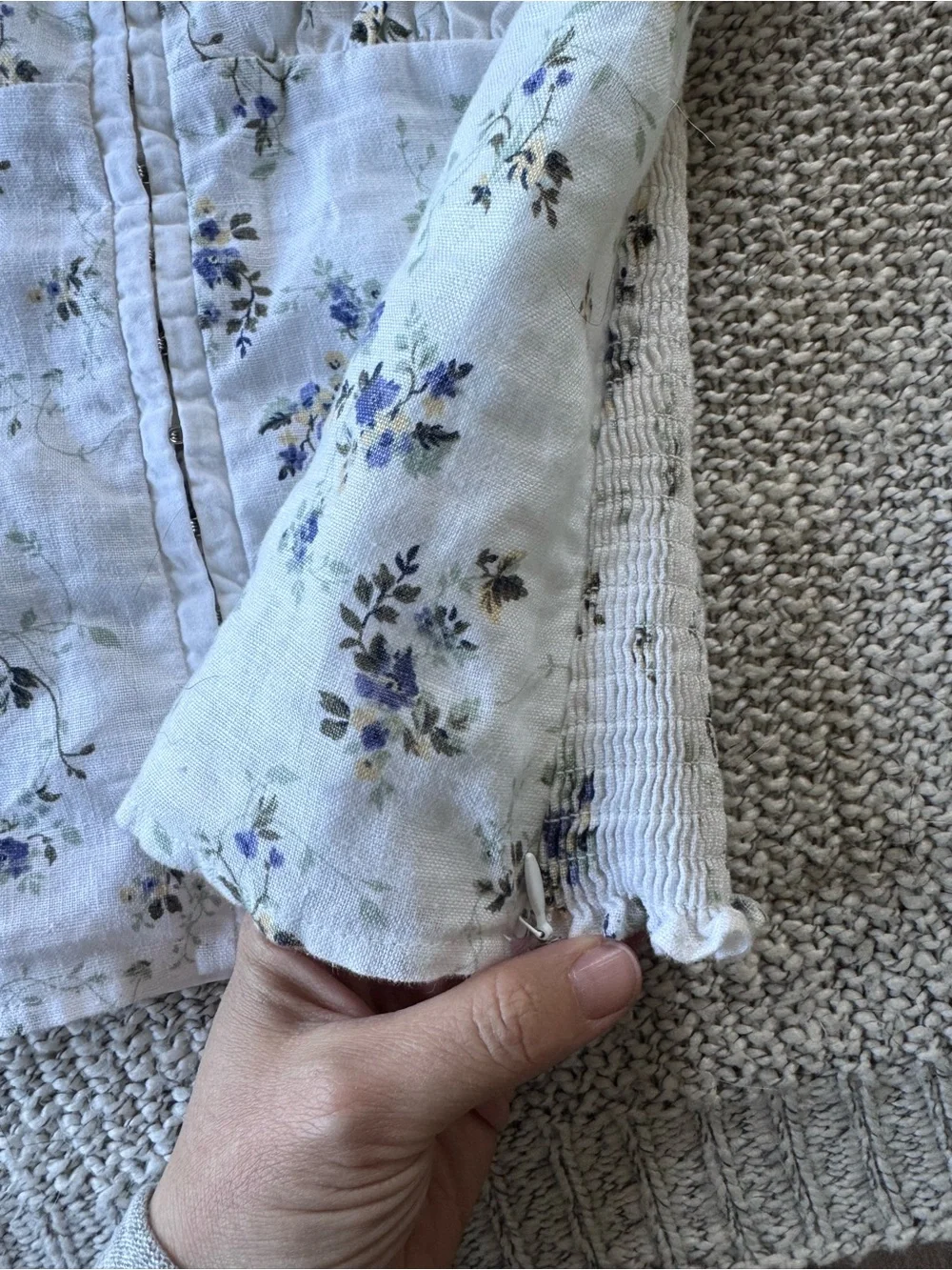 Reformation Cream Linen Top with Blue Floral Print and Puff Sleeves